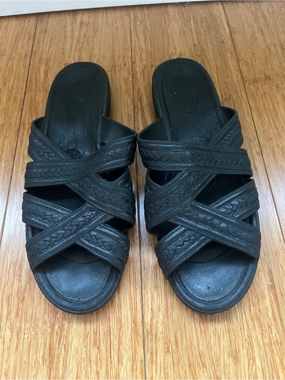 Okabashi Black Rubber Cross Strap Comfort Sandal Slides Size M/L Woven Look Boho